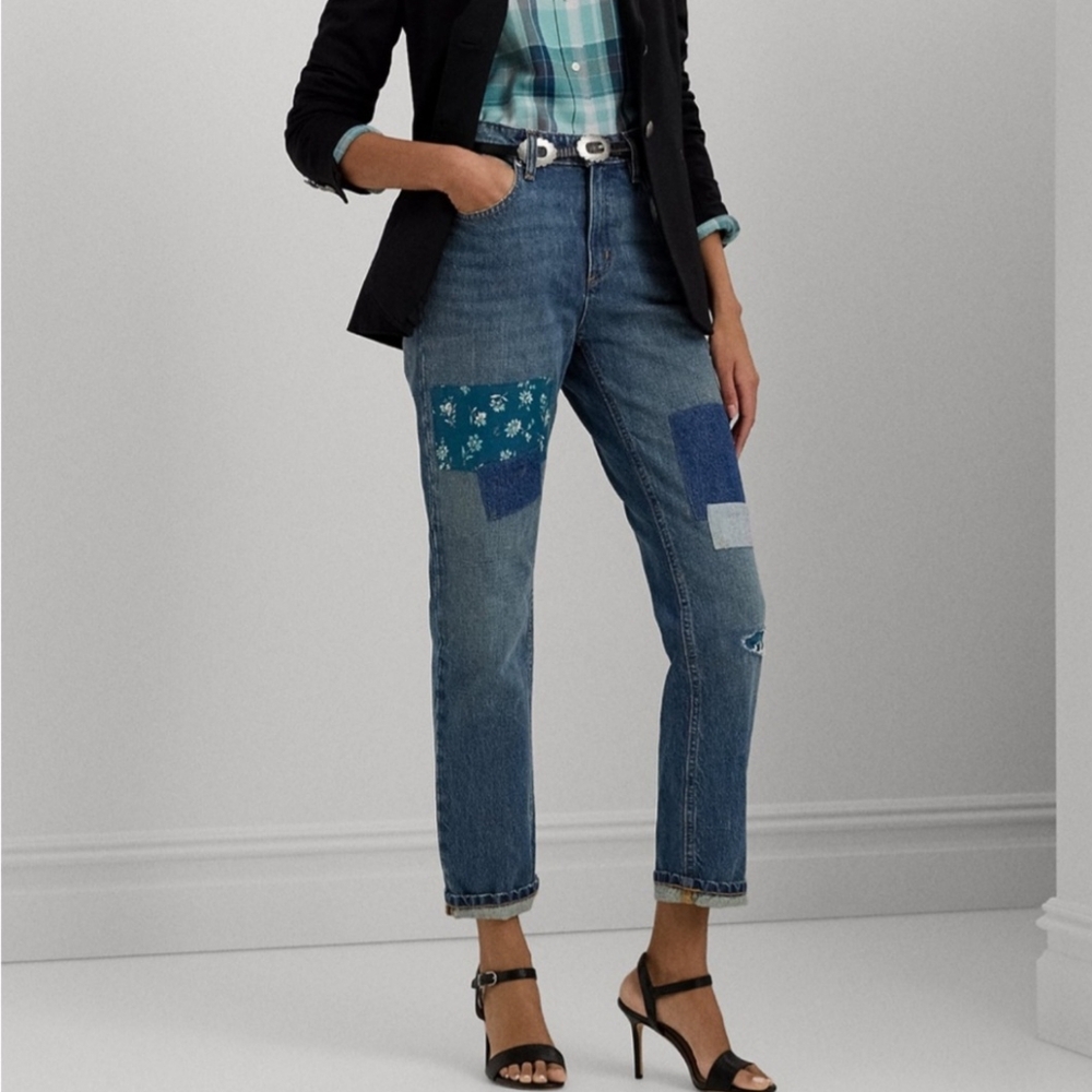 RALPH LAUREN Boyfriend High Rise Ankle Patchwork Jeans SIZE 28 NWT